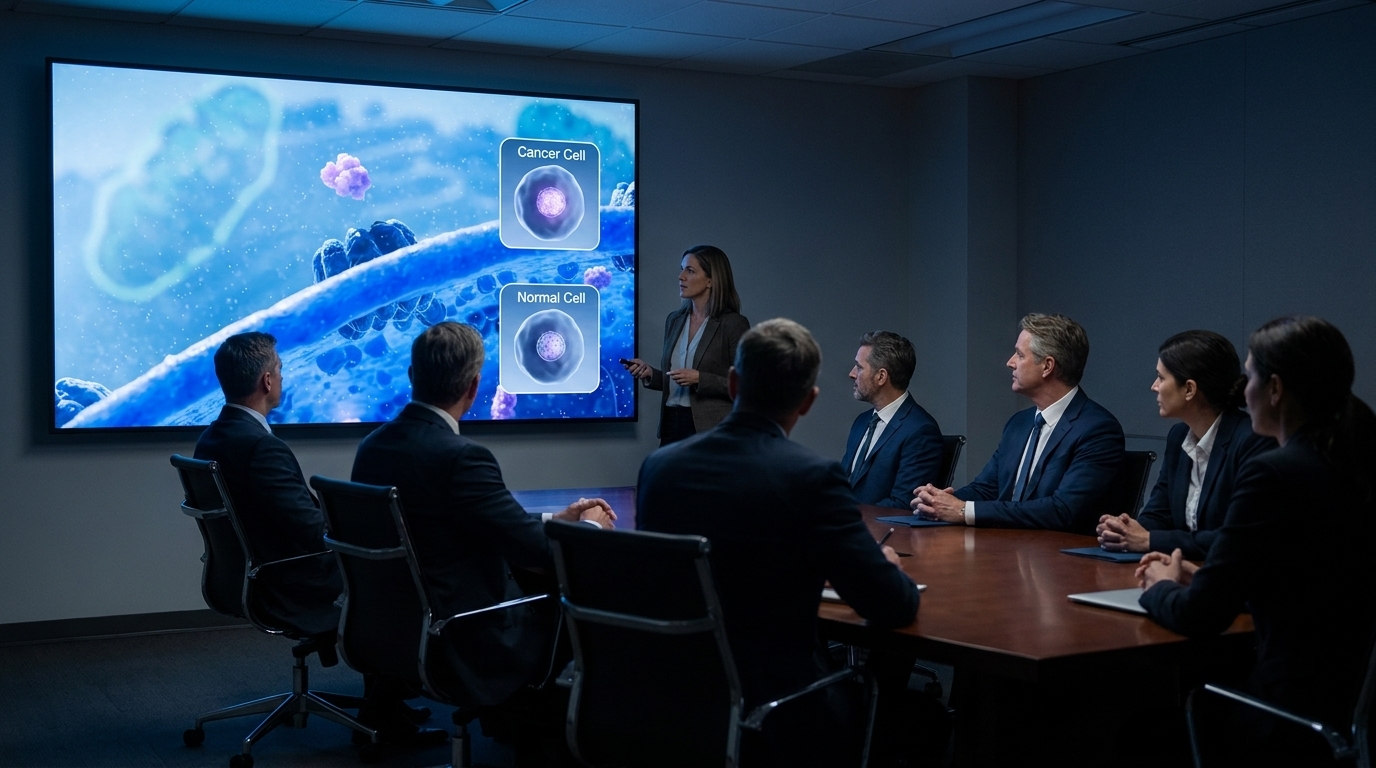 Investor boardroom presentation showing a mechanism of action animation